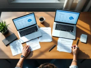 Bovenaanzicht van bureau met twee laptops met identieke AI-cursus dashboards en gedupliceerde papieren documenten