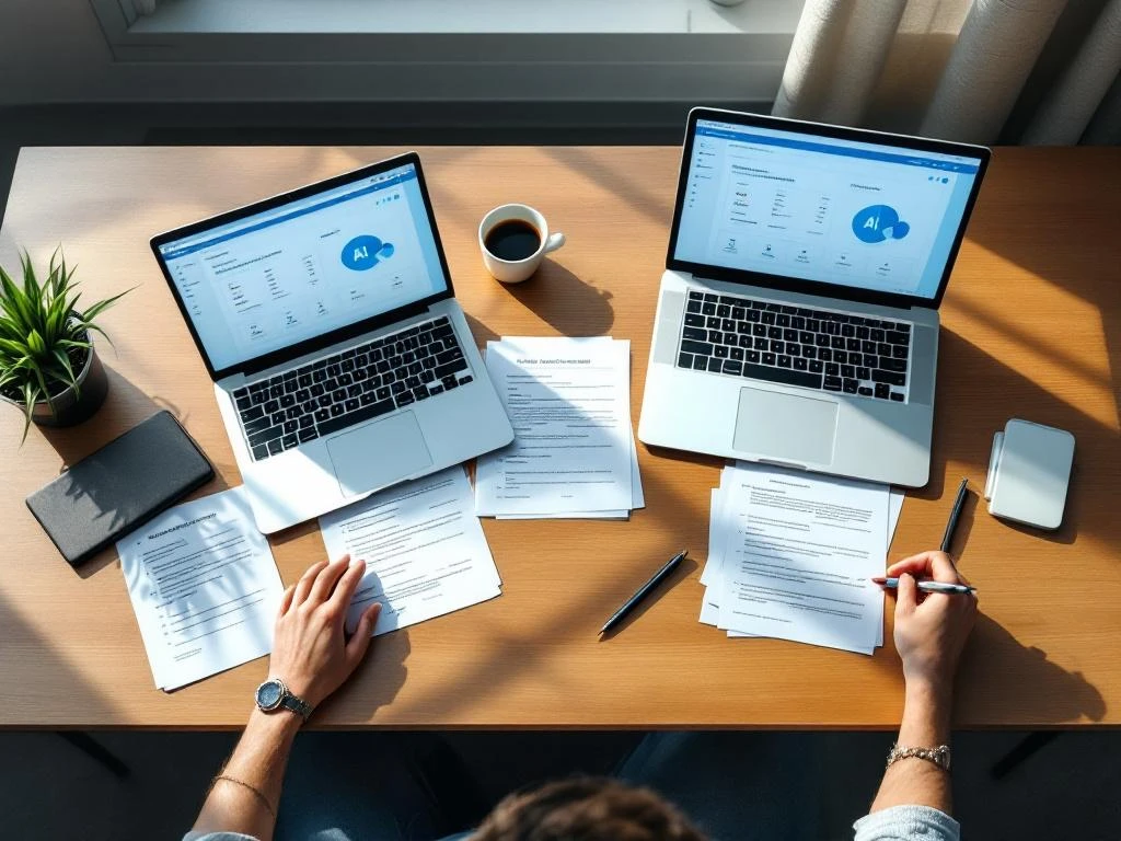 Bovenaanzicht van bureau met twee laptops met identieke AI-cursus dashboards en gedupliceerde papieren documenten