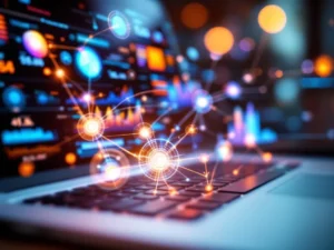 Laptop toont kleurrijke analytics dashboards met AI-netwerk visualisaties en holografische grafieken in moderne kantooromgeving