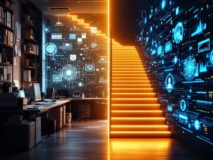 Split-screen kantoorruimte toont transformatie van traditioneel werk naar AI-technologie via gouden trap