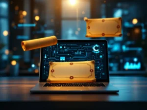 Gouden certificaten met officiële zegels zweven boven laptop met AI neurale netwerk visualisaties op houten bureau
