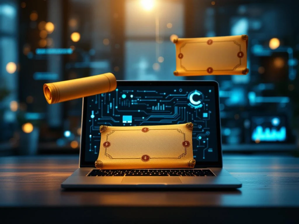 Gouden certificaten met officiële zegels zweven boven laptop met AI neurale netwerk visualisaties op houten bureau