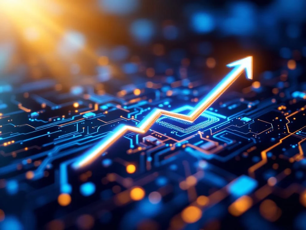 AI-printplaat met gloeiende blauwe circuits en opwaartse pijl, gouden licht, kantooromgeving op achtergrond