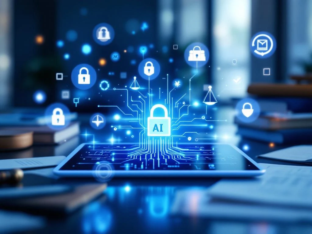 Tablet met AI-circuitpatroon omringd door holografische compliance-symbolen en juridische documenten in moderne boardroom