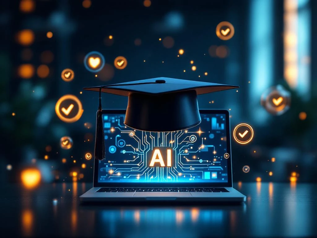 Zwevende afstudeerpet boven laptop met AI-circuits, holografische voortgangsindicatoren en gouden lichtstralen in moderne werkruimte