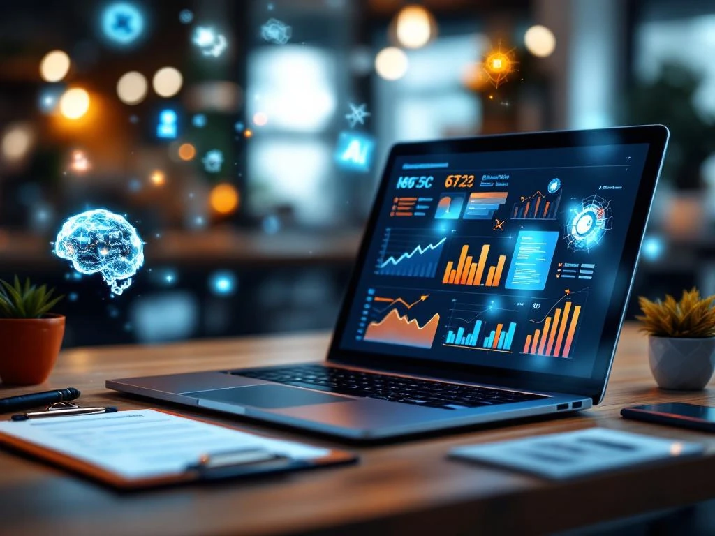 Laptop met kleurrijke data-analyse grafieken op houten bureau, omringd door clipboard, vergrootglas en zwevende AI-iconen