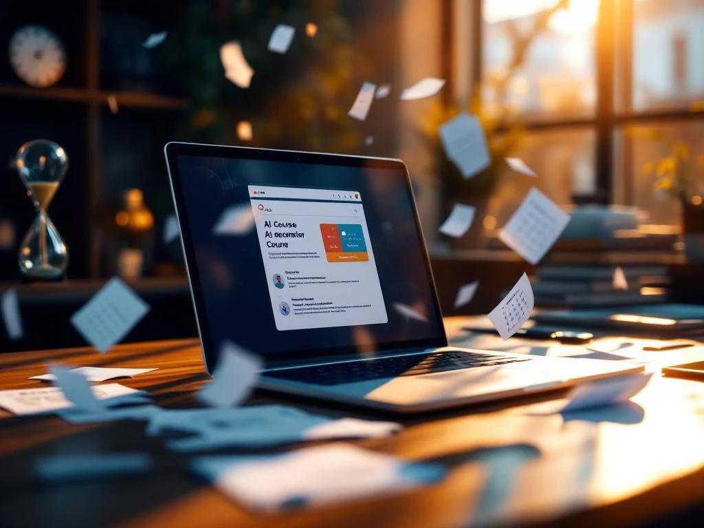 Laptop met AI-cursusinterface op houten bureau met zwevende klokken en kalenders in warm goudkleurig licht