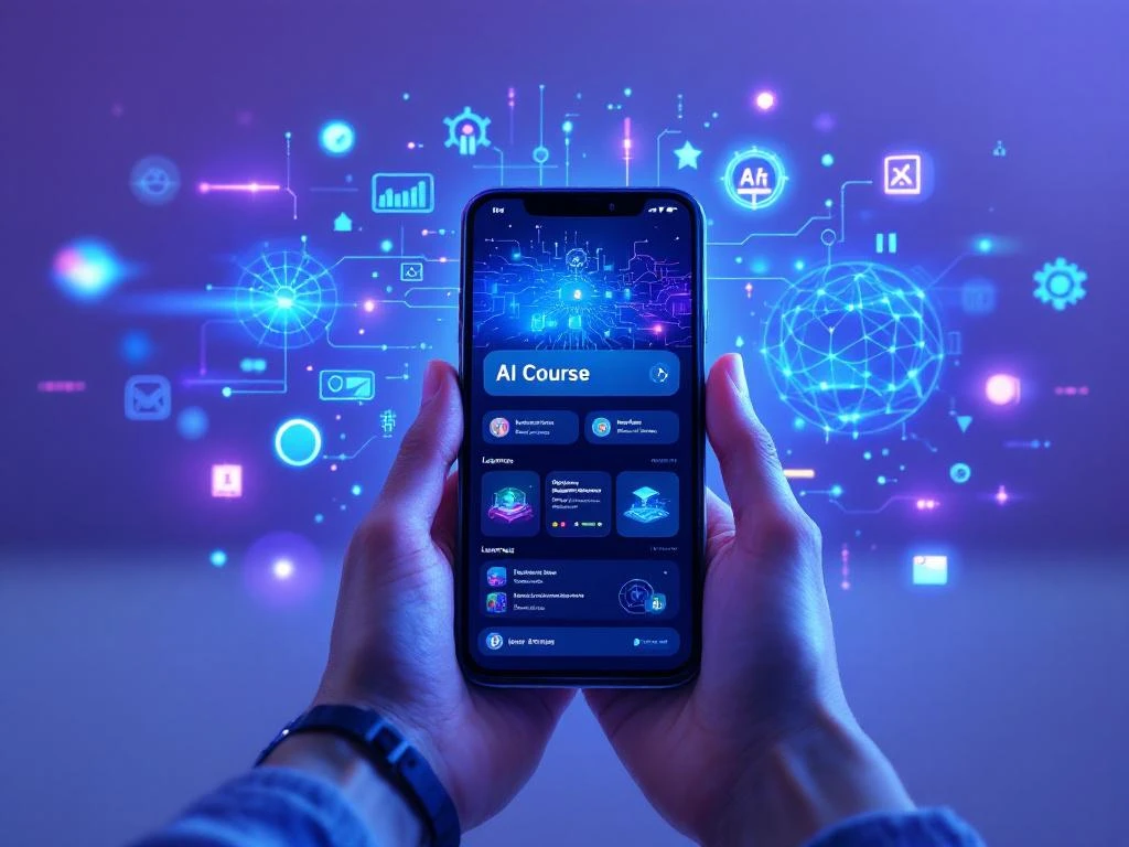 Smartphone toont AI-cursus interface met neurale netwerk visualisaties en holografische elementen in blauw-paars licht
