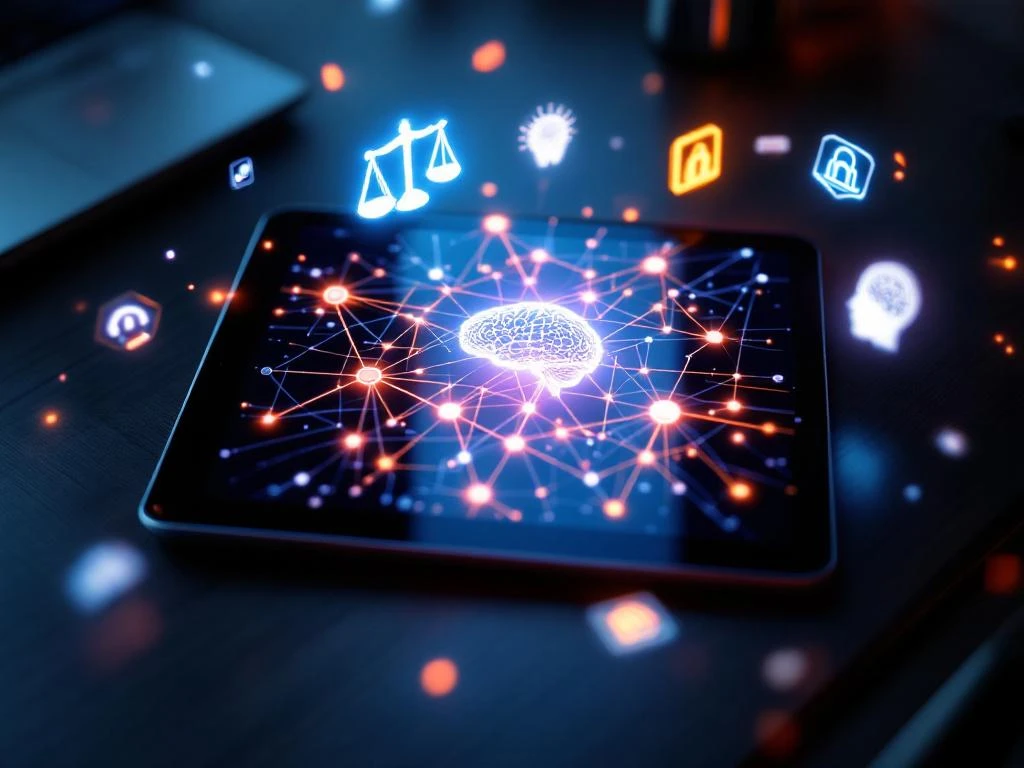 Digitale tablet met neuraal netwerk diagram omringd door holografische ethiek symbolen op donkere houten bureau