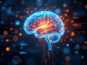 Gloeiende menselijke hersenen met verlichte neurale netwerken en zwevende holografische leerinterfaces op donkerblauwe achtergrond
