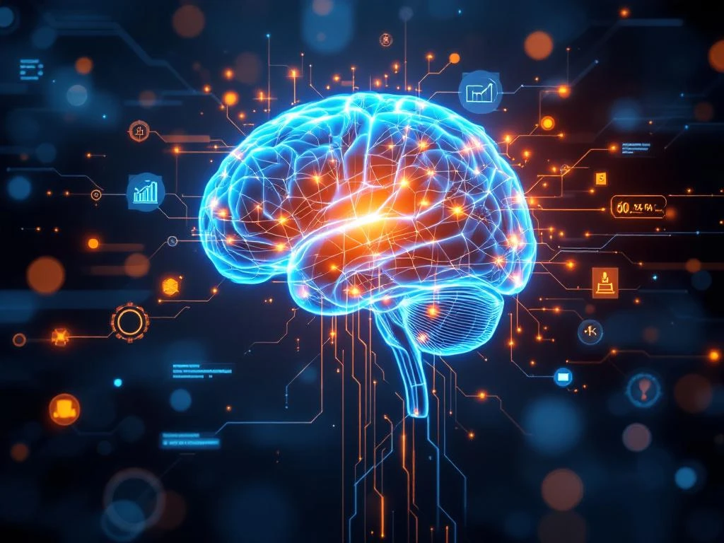 Gloeiende menselijke hersenen met verlichte neurale netwerken en zwevende holografische leerinterfaces op donkerblauwe achtergrond