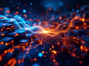 Split-screen weergave van AI-interface met neurale netwerken links en gepersonaliseerde leermodules rechts, verbonden door datastroom