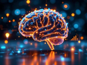 Gloeiende hersenen met circuitpatronen en AI-datastromen op modern bureau met holografische innovatiesymbolen