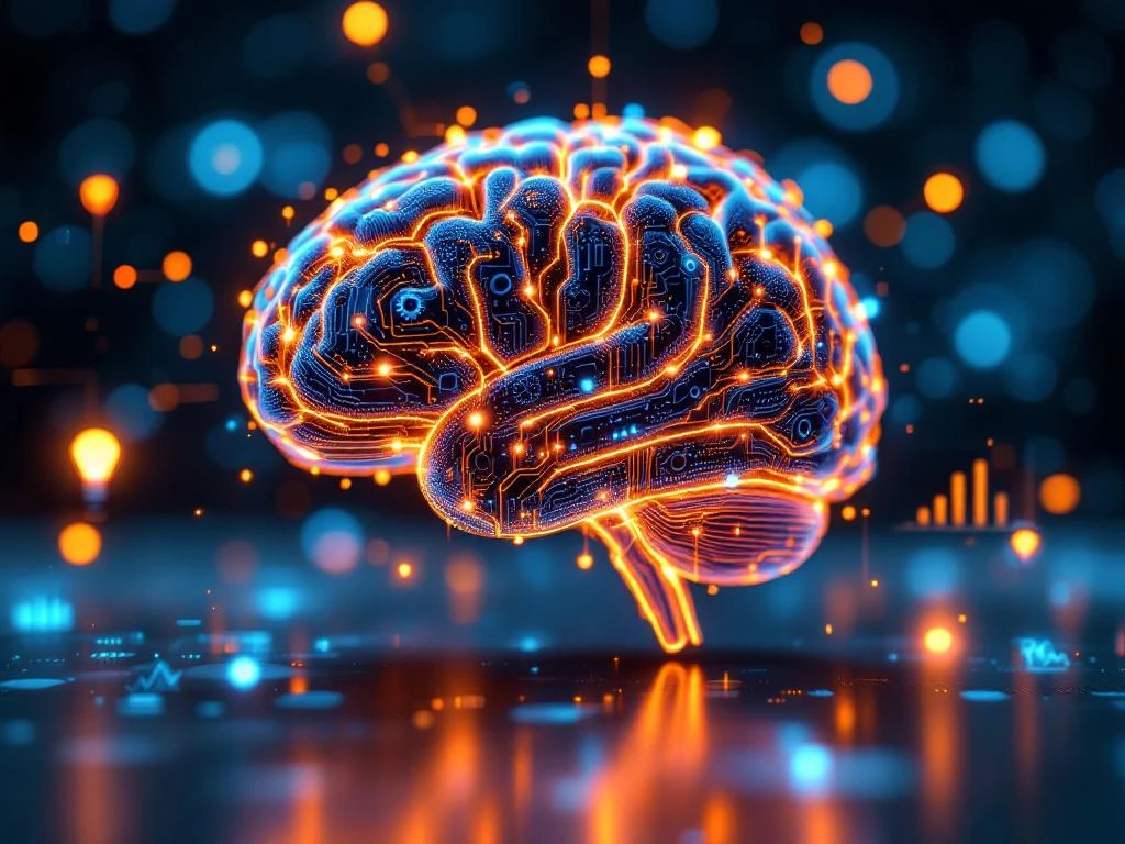 Gloeiende hersenen met circuitpatronen en AI-datastromen op modern bureau met holografische innovatiesymbolen