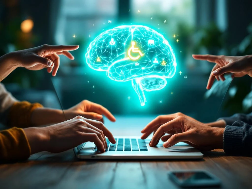 Diverse handen reiken naar holografische AI-hersenen met toegankelijkheidspictogrammen boven laptop op houten bureau