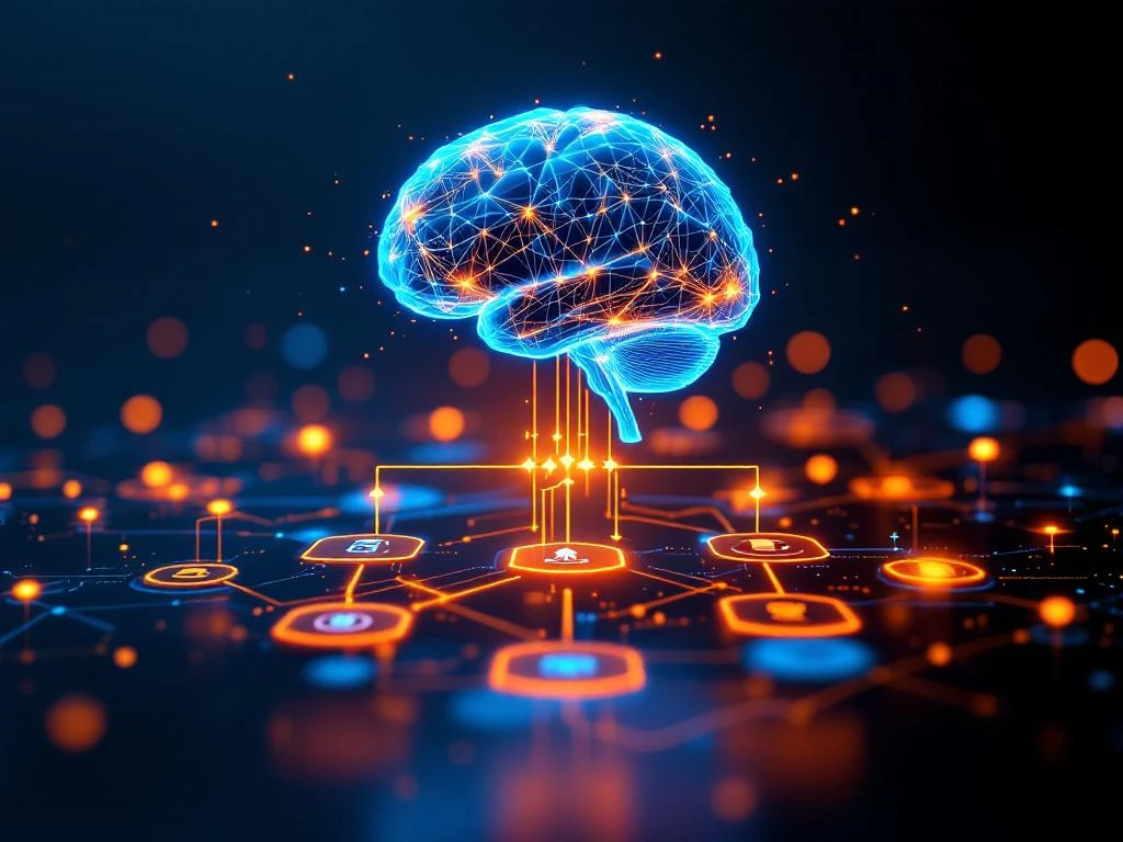 Digitale hersenen met gloeiende neurale netwerken boven organisatieschema met AI-leren en talentmanagement iconen