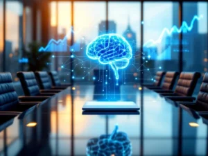 Holografische AI-hersenen met blauwe neurale netwerken zweven boven laptop in moderne bestuurskamer met lege stoelen