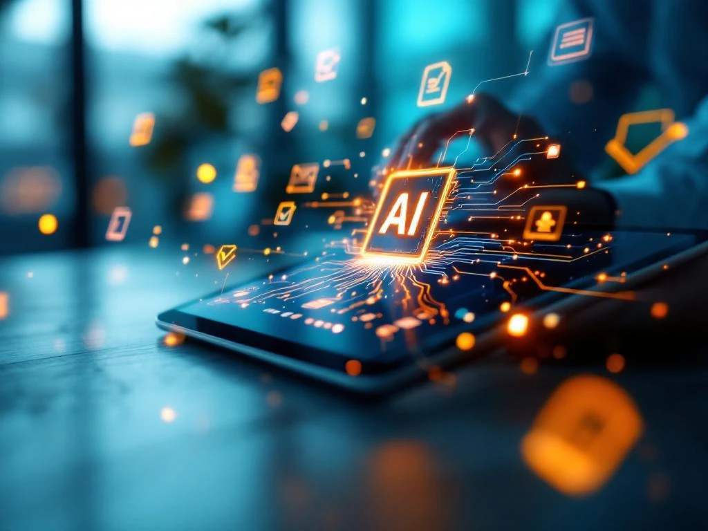 Tablet met AI-circuitpatroon en zwevende compliance-pictogrammen in moderne HR-kantooromgeving met blauwe verlichting