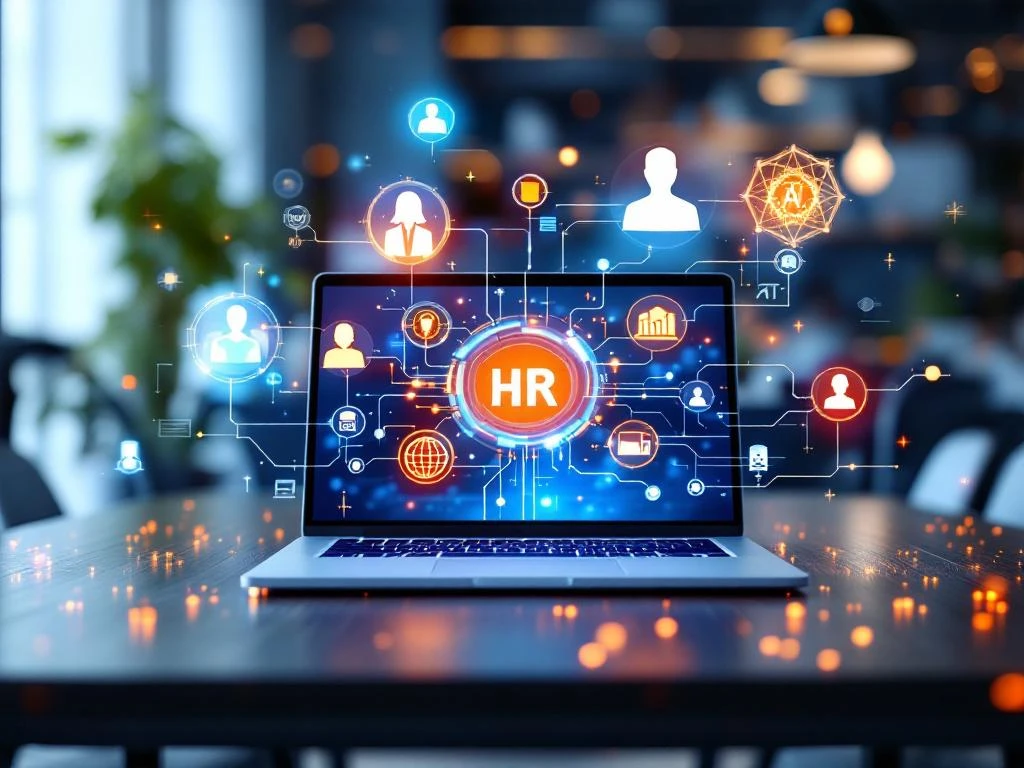 Moderne vergadertafel met laptop die AI-neurale netwerken toont, verbonden met holografische HR-pictogrammen