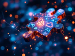 Zwevende digitale puzzelstukjes met AI-symbolen in blauw en oranje die met lichtstralen verbinden tegen verloop