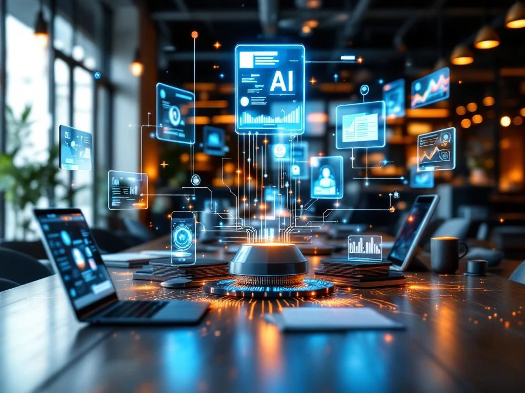 Diverse digitale apparaten met AI-interfaces zweven boven moderne werkstations in circulaire opstelling met blauwe en oranje accenten.