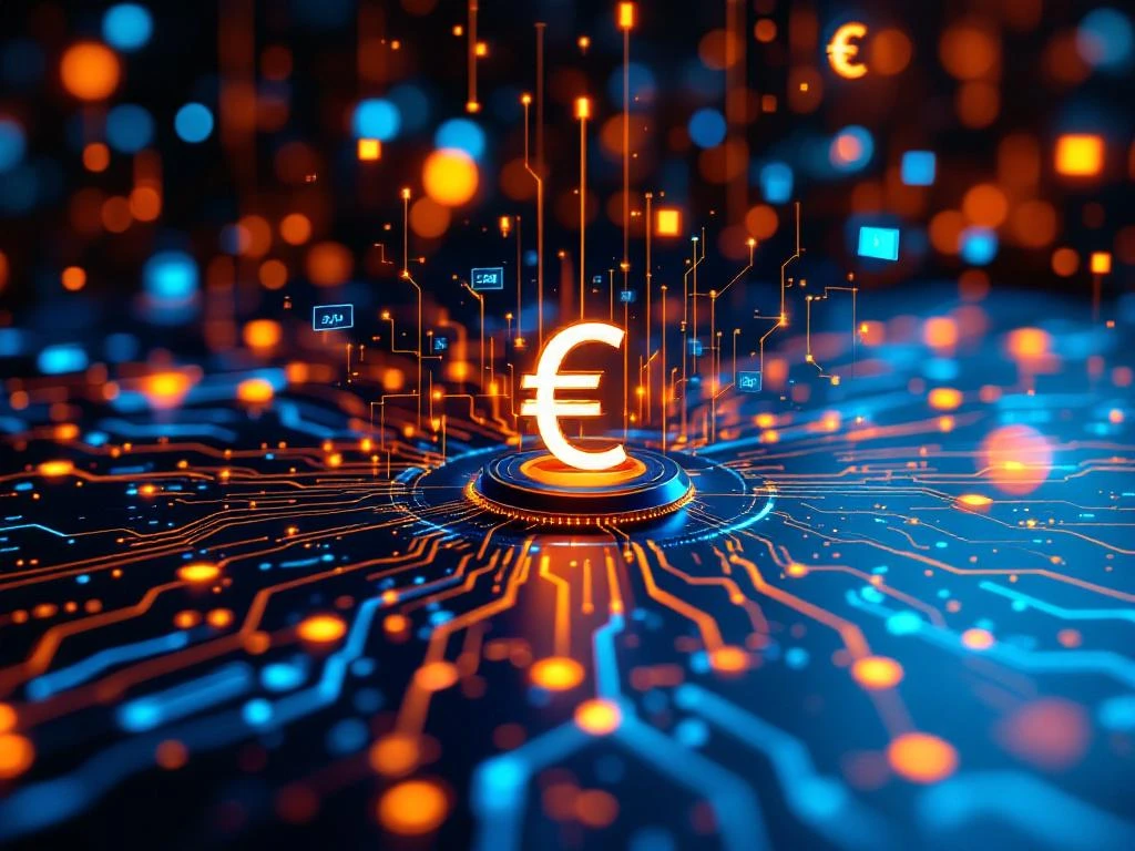 Moderne werkstation met meerdere monitoren die AI-neurale netwerken en digitale integratiepaden tonen met euro-symbolen