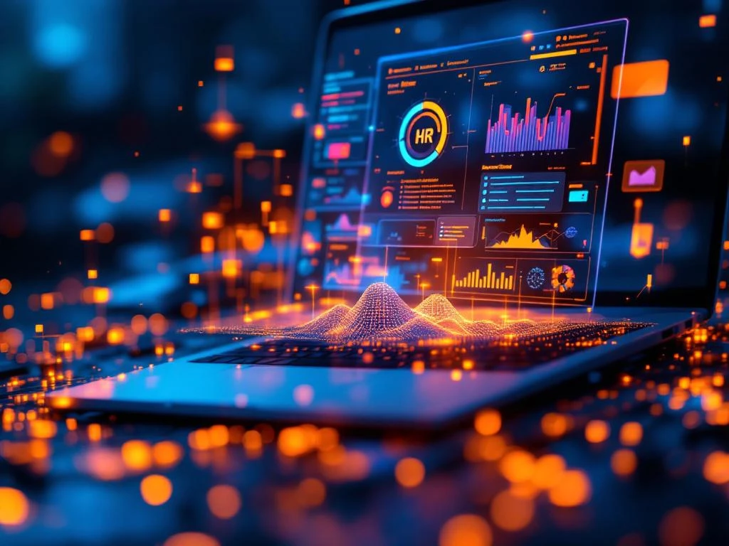 Laptop met AI-interface verbonden aan holografisch HR-dashboard via gloeiende datastromen in blauw-oranje verlichting