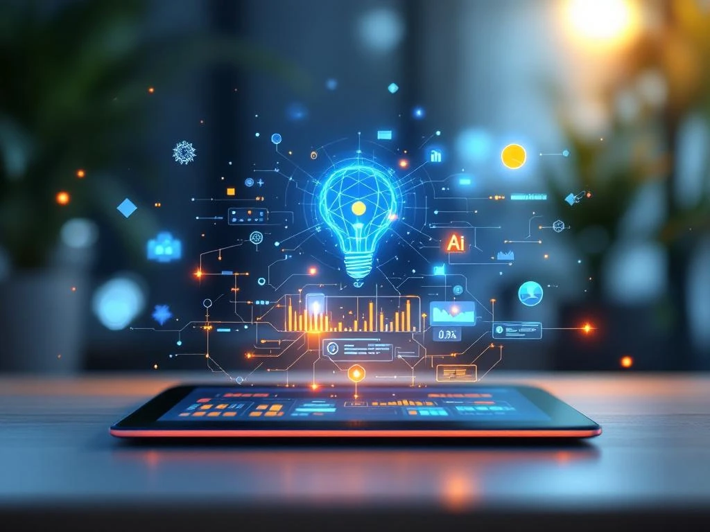 Tablet met interactieve AI-interface toont gloeiende neurale netwerken en holografische elementen in moderne werkruimte