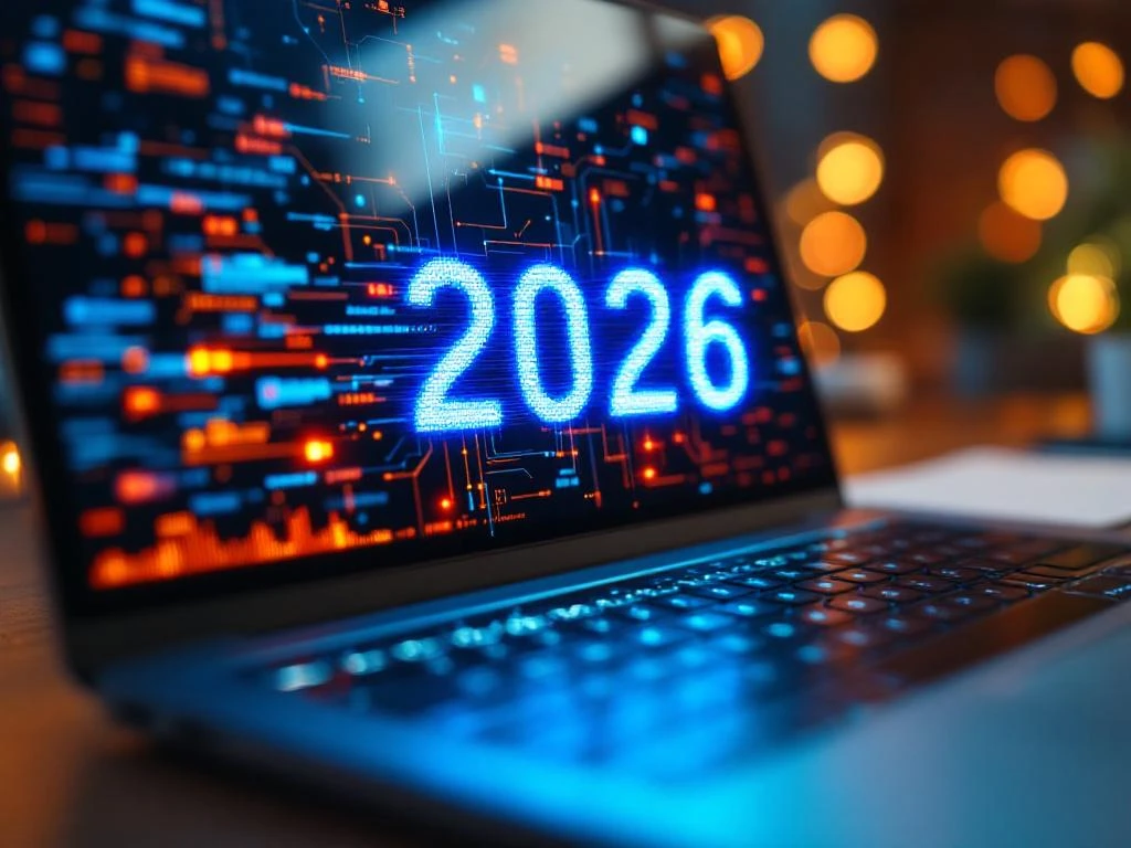 Moderne laptop toont AI neurale netwerk visualisaties met holografische data en "2026" cijfers in blauw licht op bureau