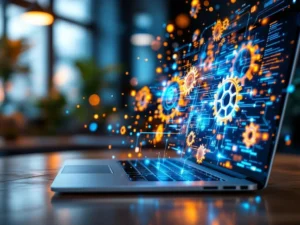 Laptop met AI-code en holografische circuits in modern kantoor met blauw-oranje verlichting