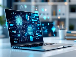 Moderne laptop met gloeiende AI neurale netwerkpatronen op scherm en holografische data-elementen op wit bureau
