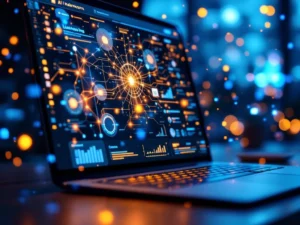 Computerscherm met AI-interface en neurale netwerkpatronen, laptop toont leerbeheersysteem dashboard met voortgangsbalken