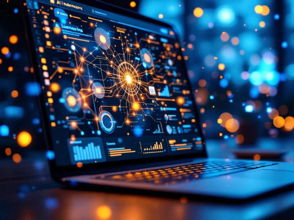 Computerscherm met AI-interface en neurale netwerkpatronen, laptop toont leerbeheersysteem dashboard met voortgangsbalken