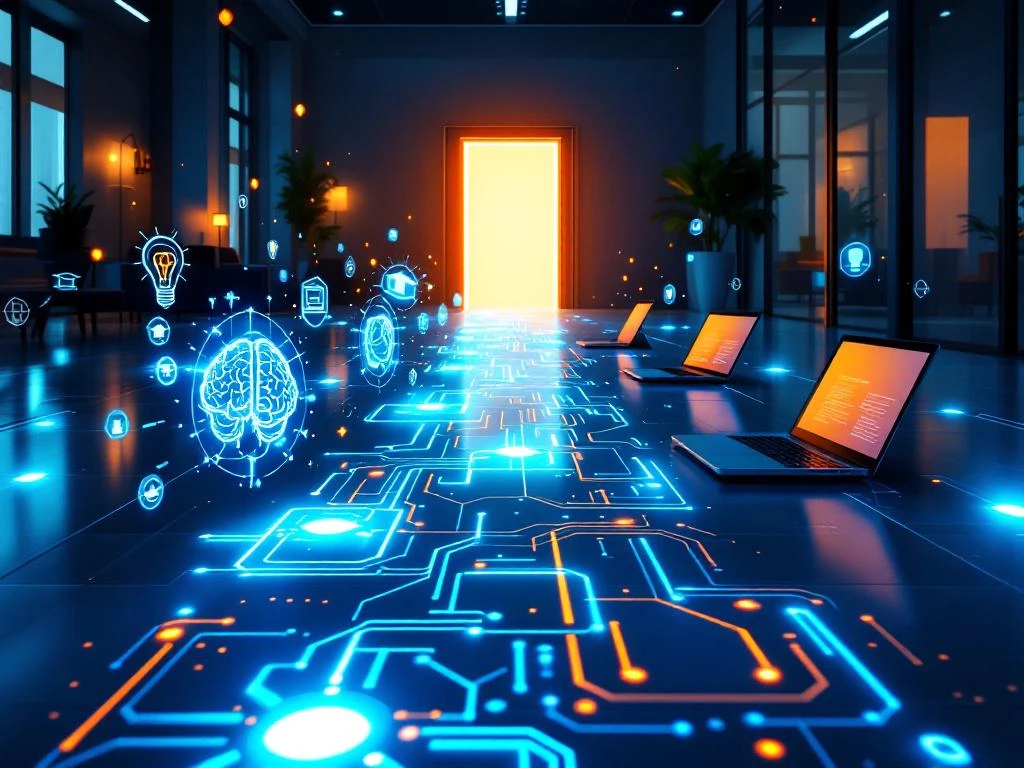 Digitaal leerpad met gloeiende circuits en AI-iconen leidt naar gouden deuropening in modern kantoor