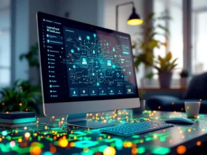 Computerscherm toont AI-geïntegreerd leerbeheersysteem met blauwe verlichting op minimalistische werkplek