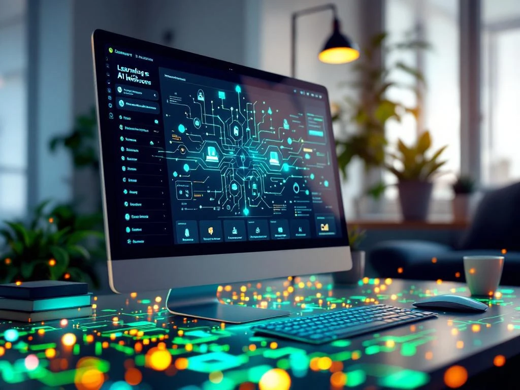 Computerscherm toont AI-geïntegreerd leerbeheersysteem met blauwe verlichting op minimalistische werkplek
