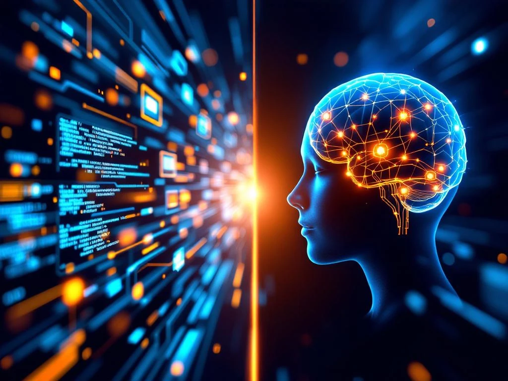AI-circuitbord met twee paden: links digitale outputs zoals code en data, rechts hersenen met neurale netwerken en vaardigheden