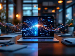 Laptop met AI-netwerk verbonden aan moderne kantoorwerkplek via gloeiende datastroom, symboliseert digitaal leren