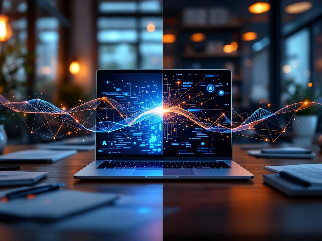 Laptop met AI-netwerk verbonden aan moderne kantoorwerkplek via gloeiende datastroom, symboliseert digitaal leren