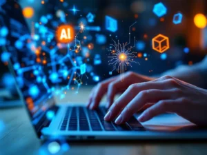 Handen typen op laptop met holografische AI-elementen, neurale netwerken en blauwe datastromen boven het scherm