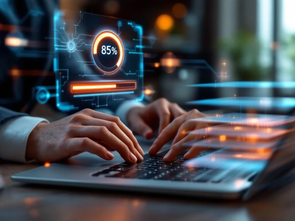 Handen typen op laptop met holografische voortgangsbalk van 85% en AI-neurale netwerk patronen in moderne kantooromgeving