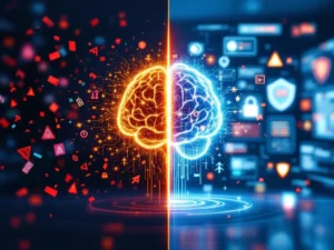AI-hersenen die overgaan van chaotische oranje vonken naar stabiele blauwe circuits tussen onveilige en veilige digitale leeromgevingen