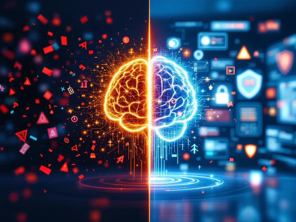 AI-hersenen die overgaan van chaotische oranje vonken naar stabiele blauwe circuits tussen onveilige en veilige digitale leeromgevingen