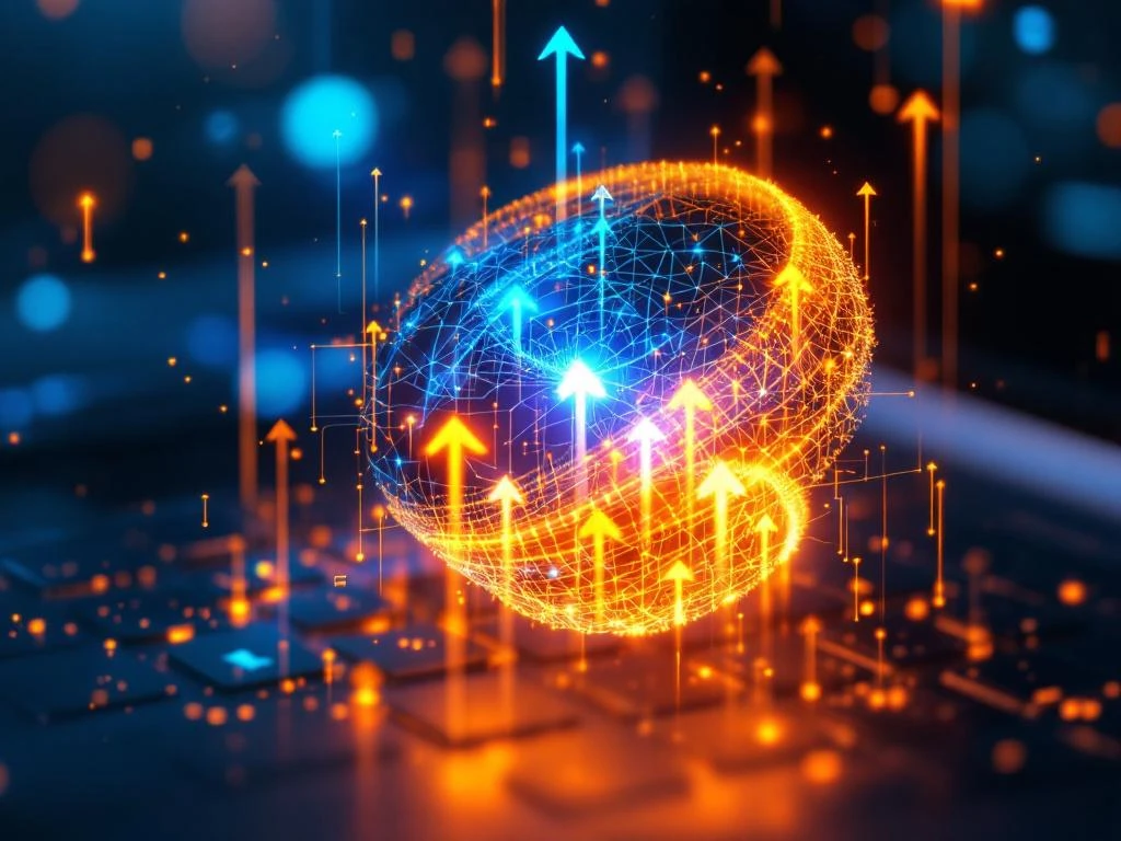Gloeiend AI neuraal netwerk brein van gouden circuits boven laptop met blauwe en oranje datastromen die omhoog spiralen
