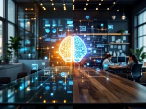 AI-brein verbindt zakelijke boardroom met blauwe grafieken en warme gemeenschapsruimte met houten texturen via datatstromen