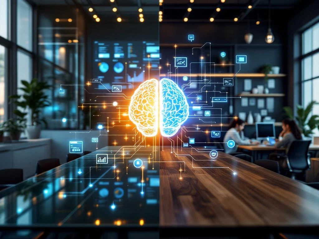 AI-brein verbindt zakelijke boardroom met blauwe grafieken en warme gemeenschapsruimte met houten texturen via datatstromen