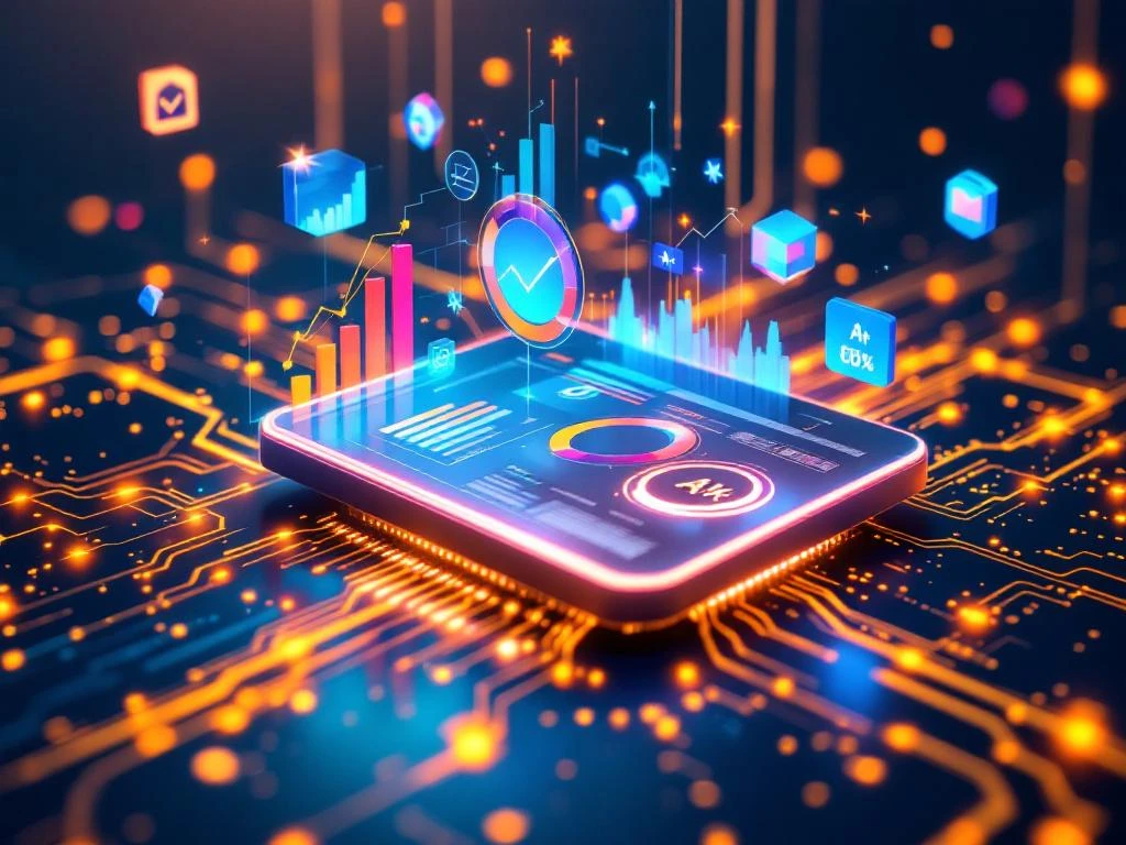 Digitaal dashboard met kleurrijke analysegrafieken en AI-circuits, omringd door zwevende data-elementen in blauw-oranje