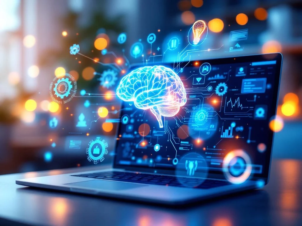Moderne laptop toont gloeiend AI-brein icoon omringd door holografische leerelementen in professionele werkruimte