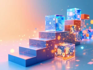 Modulaire leerblokken in blauw en oranje vormen een trap-vormig leerpad met gloeiende AI-circuits voor flexibel onderwijs