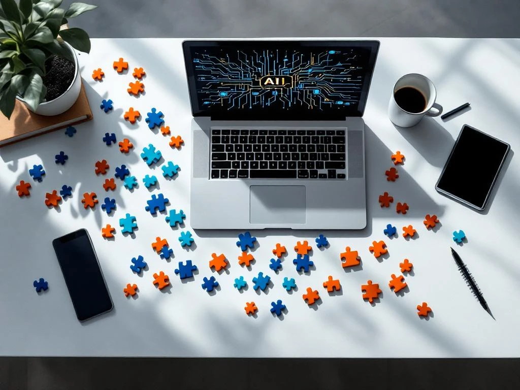 Moderne bureau met blauwe en oranje puzzelstukken die AI-circuitpatroon vormen, laptop met neurale netwerken op scherm